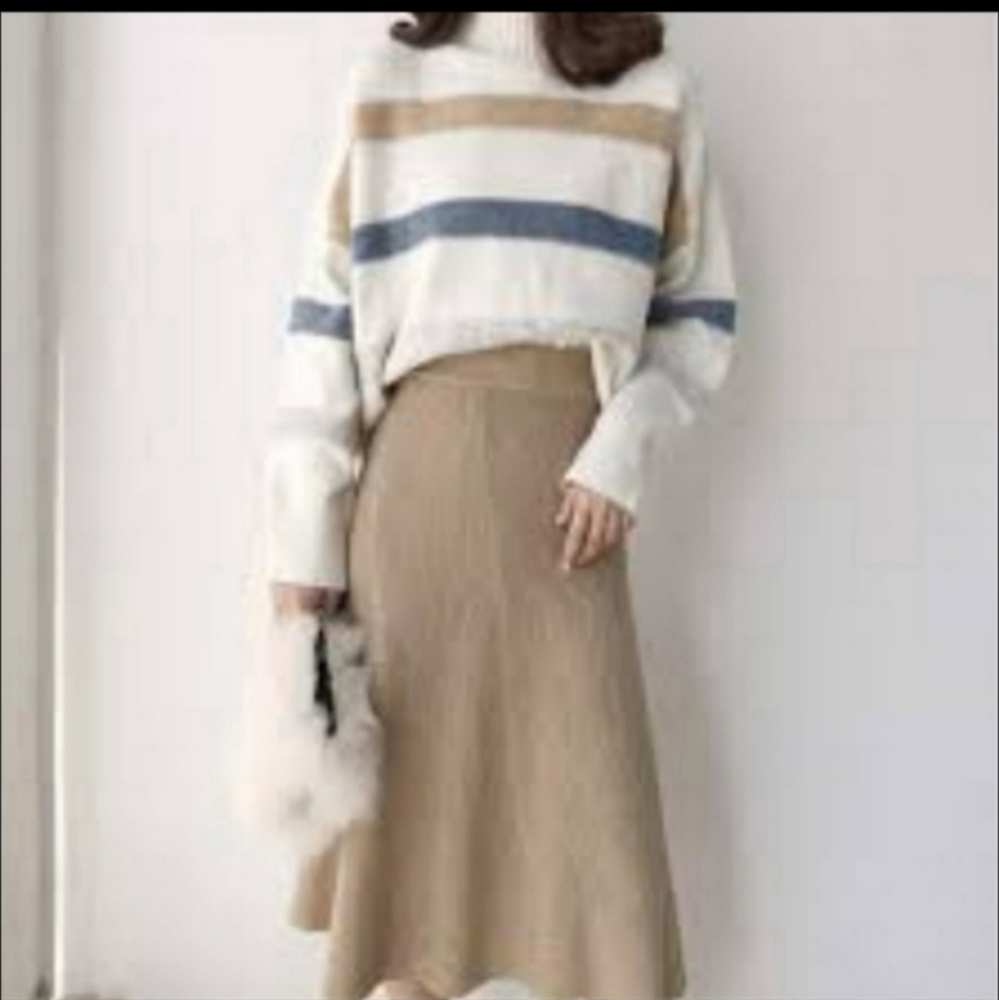 Free People Knit Tan Ribbed Midi Skirt - size XS - Picture 1 of 6